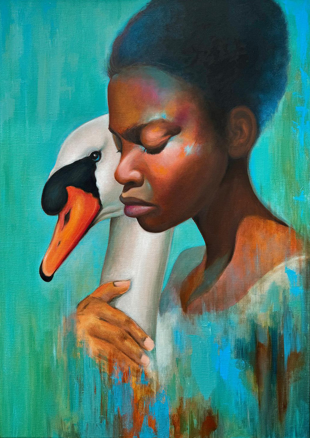 Original oil painting expressing a silent connection between souls by Sekar Rajagopal.